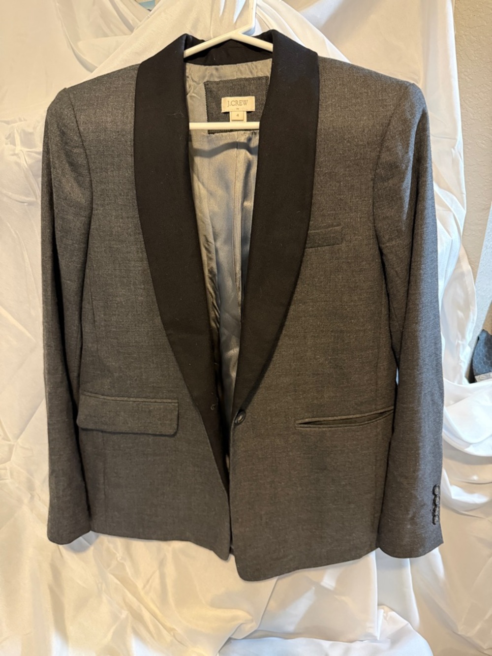 J. Crew Charcoal Gray Tuxedo Blazer with Black Satin Shawl Collar